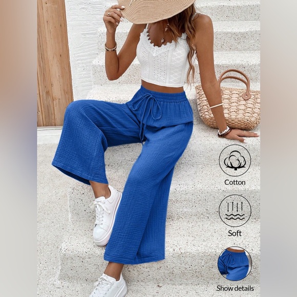 2 piece Lace Trim Crop Cami Top & Wide Leg Pants Apricot - Picture 3 of 6